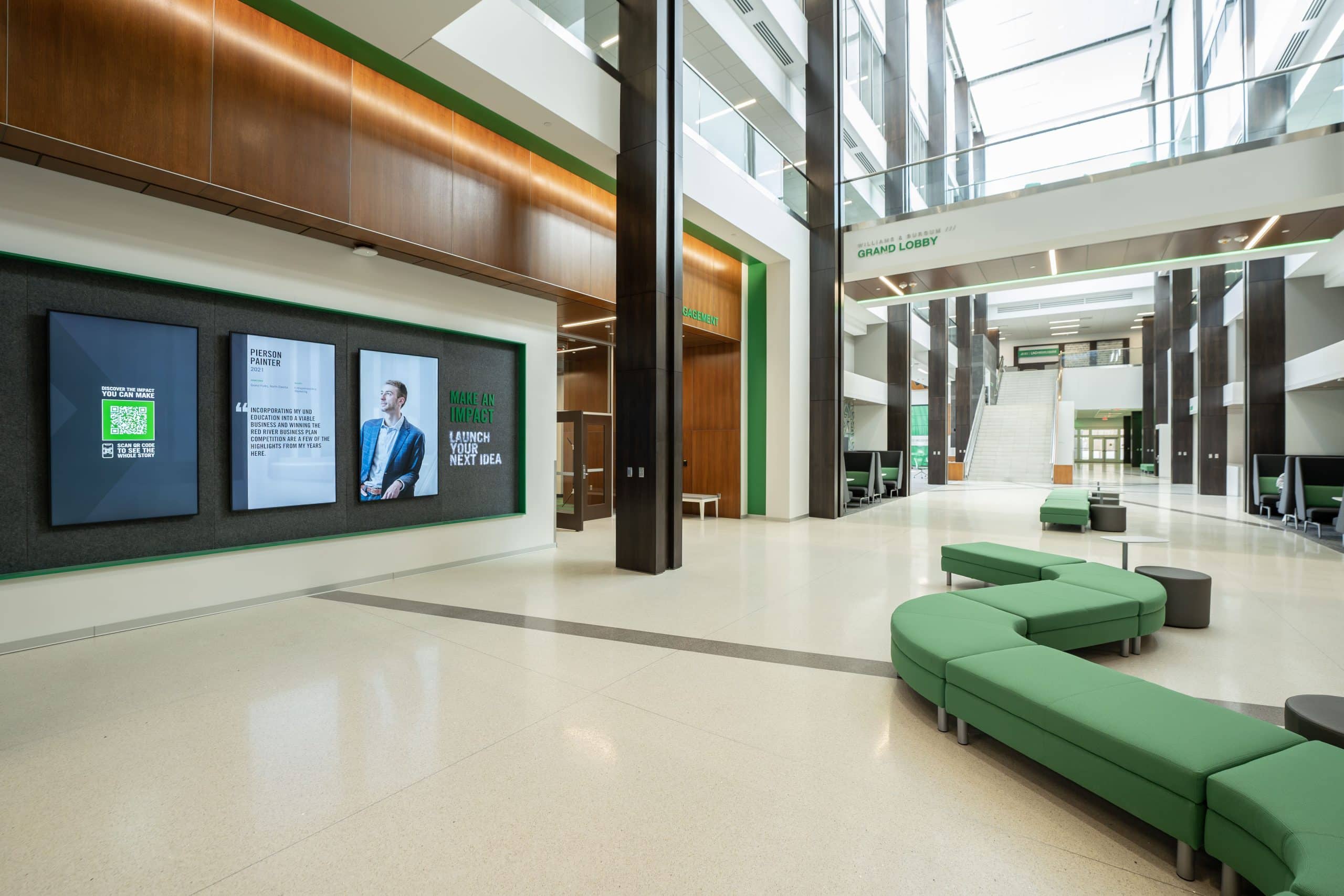 The Nistler College of Business & Public Administration entrance greets visitors with storytelling experiences.