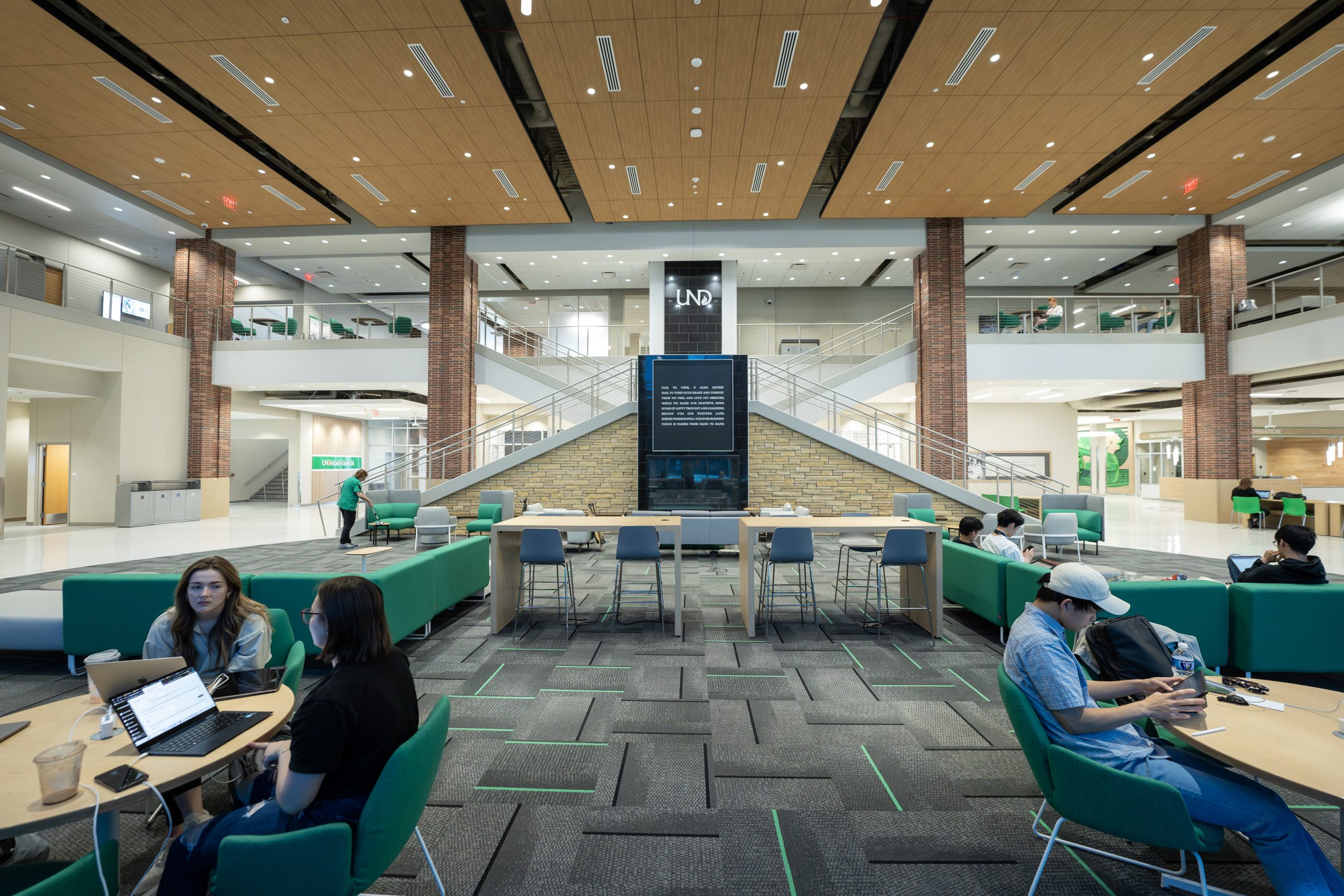 The fireplace anchors the center and reminds students of the UND alma mater.