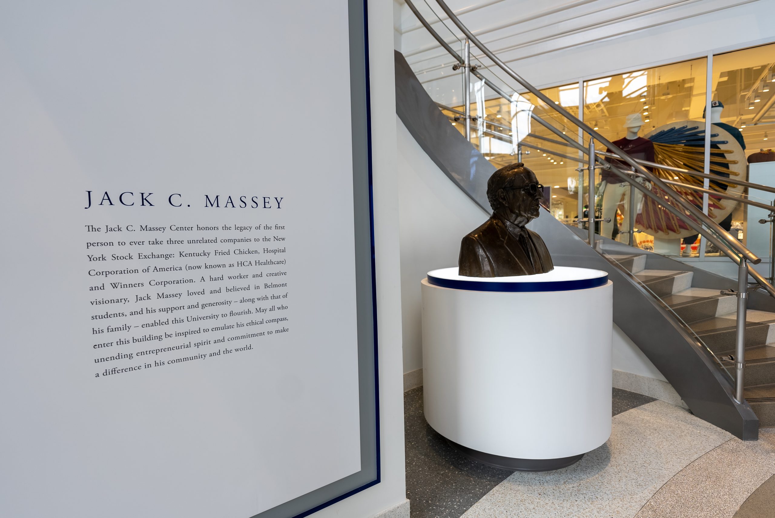 Jack C. Massey bust honoring his legacy and the Massey family's support for Belmont University