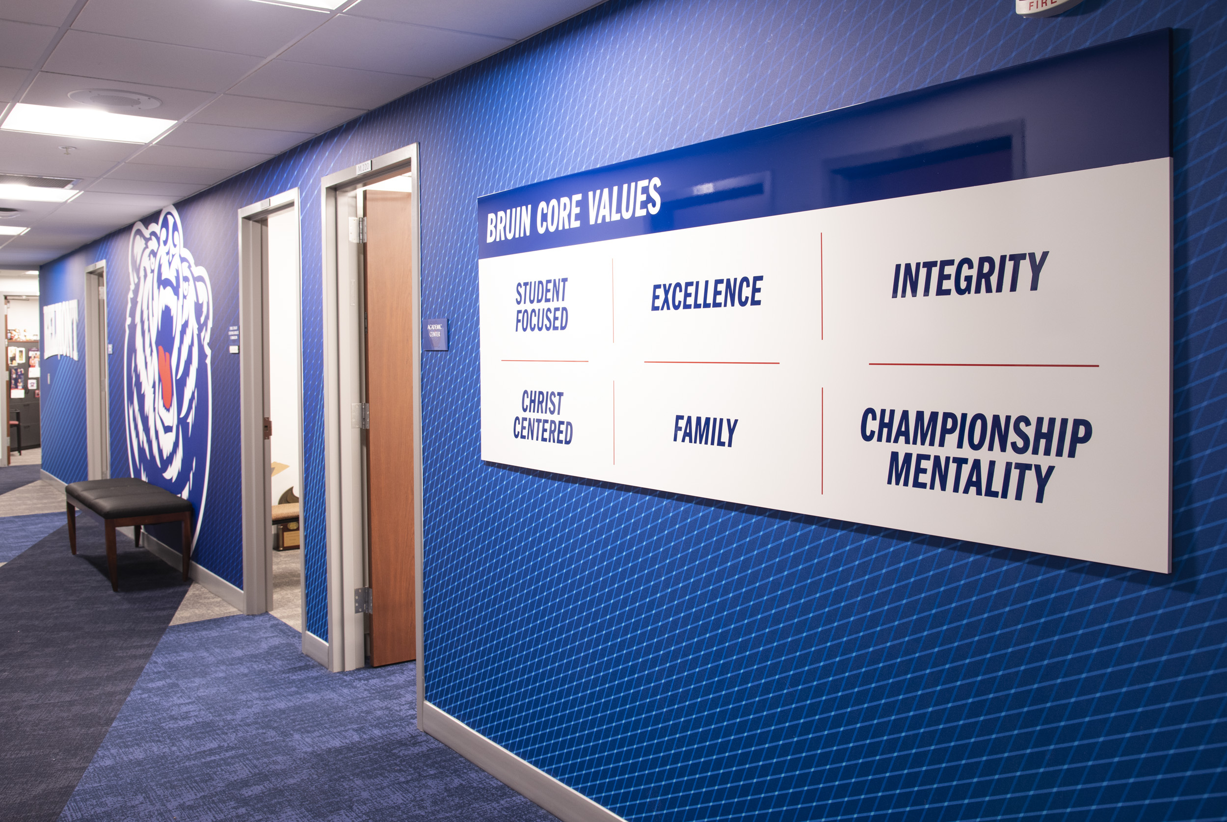 Belmont Athletics Office Hallway with Core Values Display